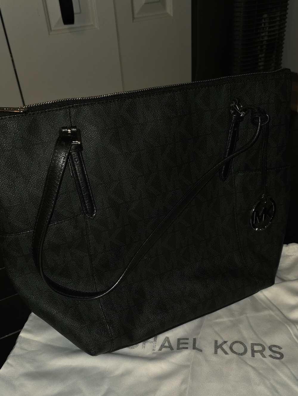Michael Kors All-Over MK Black Tote with Branded Charm